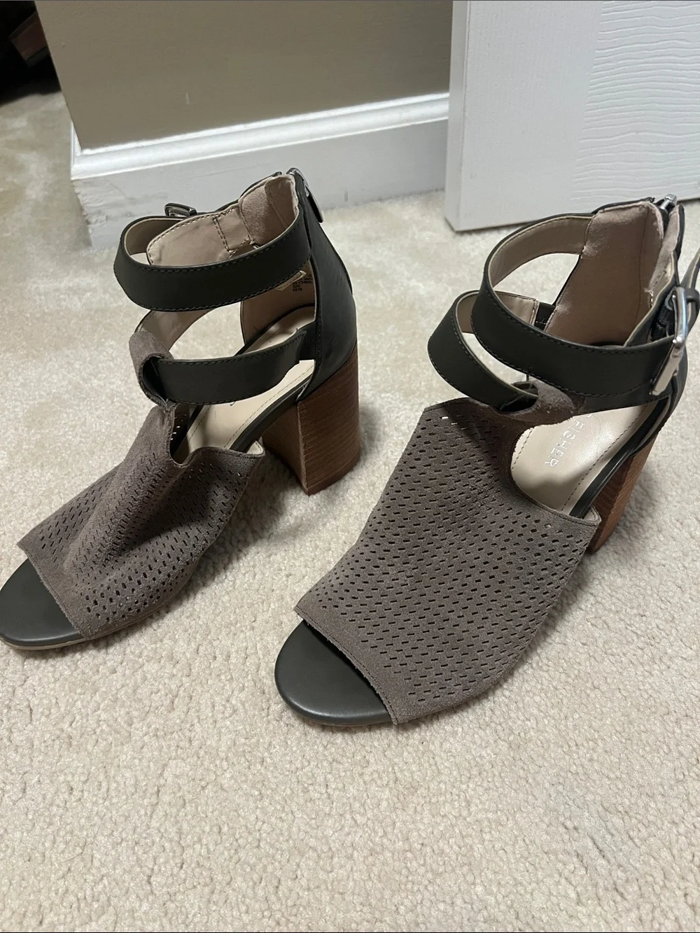 Marc Fisher Olive Green Perforated Open-Toe Block Heel Sandals